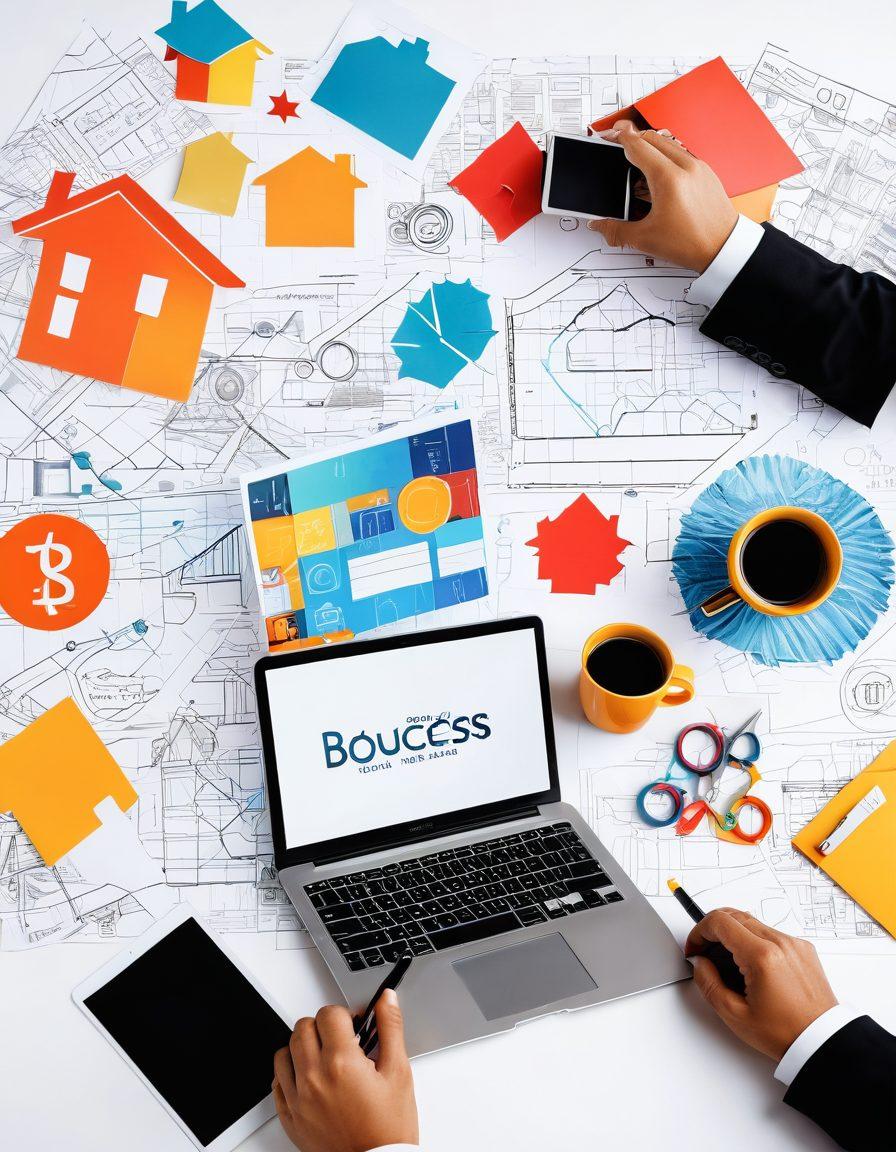 A dynamic collage featuring a confident real estate professional blogging on a sleek laptop, surrounded by vibrant graphs, keys, and houses symbolizing success and growth. Include elements like a coffee cup, notebook, and digital devices to convey productivity. The background should be bright and inviting, symbolizing opportunity. super-realistic. vibrant colors. white background.