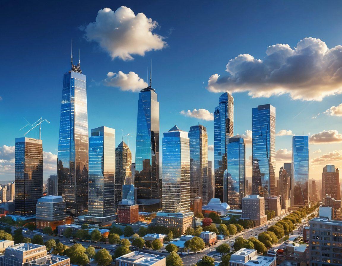 A dynamic city skyline showcasing modern real estate developments, with a diverse group of people engaged in conversation and analyzing market reports. Include elements like graphs, digital tablets, and a blue sky with fluffy clouds to symbolize growth and progress in the real estate market. The atmosphere should convey energy and opportunities in the sector. super-realistic. vibrant colors. 3D.