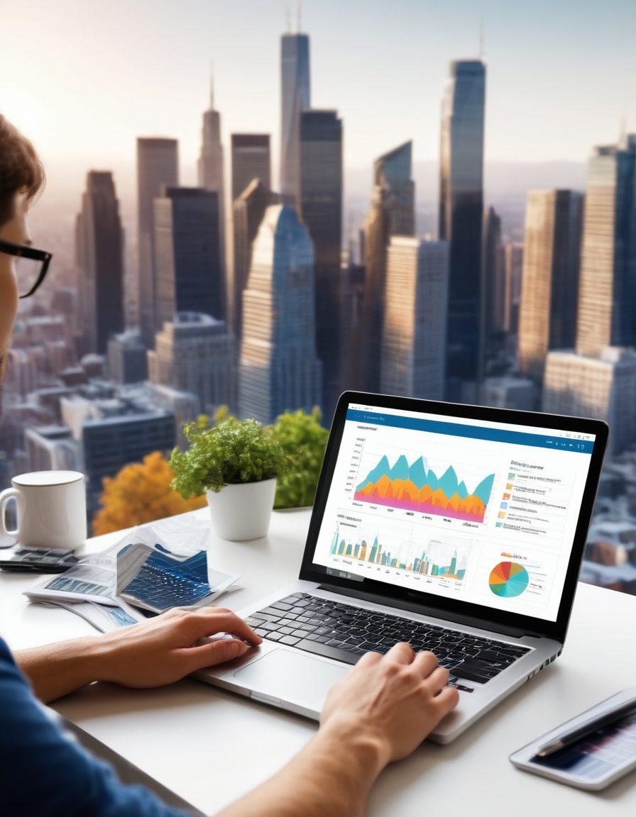 A dynamic scene depicting a professional blogger analyzing real estate data on a laptop with a city skyline in the background. Include elements like graphs and charts floating around that represent strategy and growth. The environment should feel modern and vibrant, symbolizing innovation in realty. Incorporate a mix of traditional real estate elements like houses and keys, interwoven with digital themes. super-realistic. vibrant colors. white background.